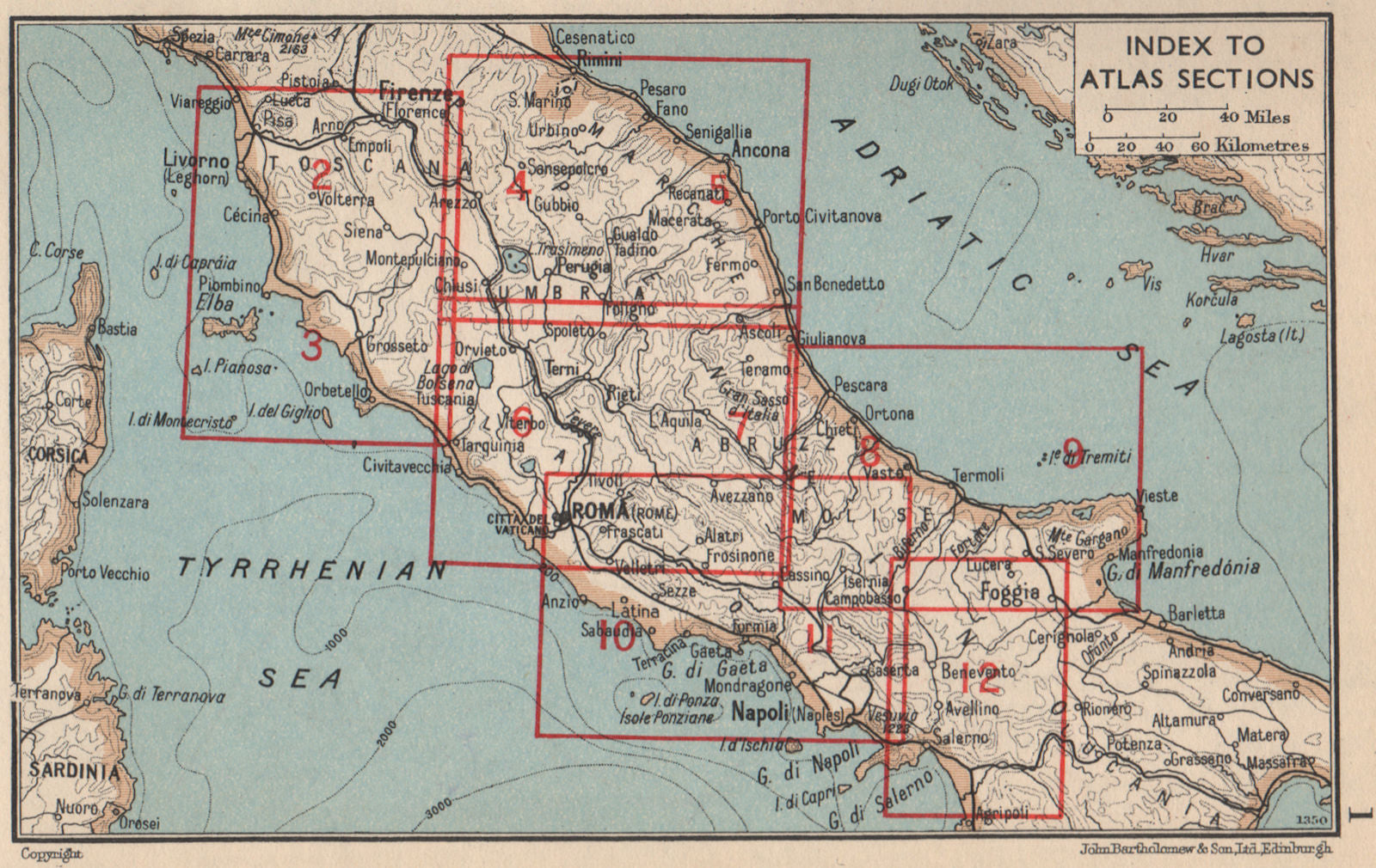 CENTRAL ITALY key map. Index to Atlas Sections 1956 old vintage plan chart